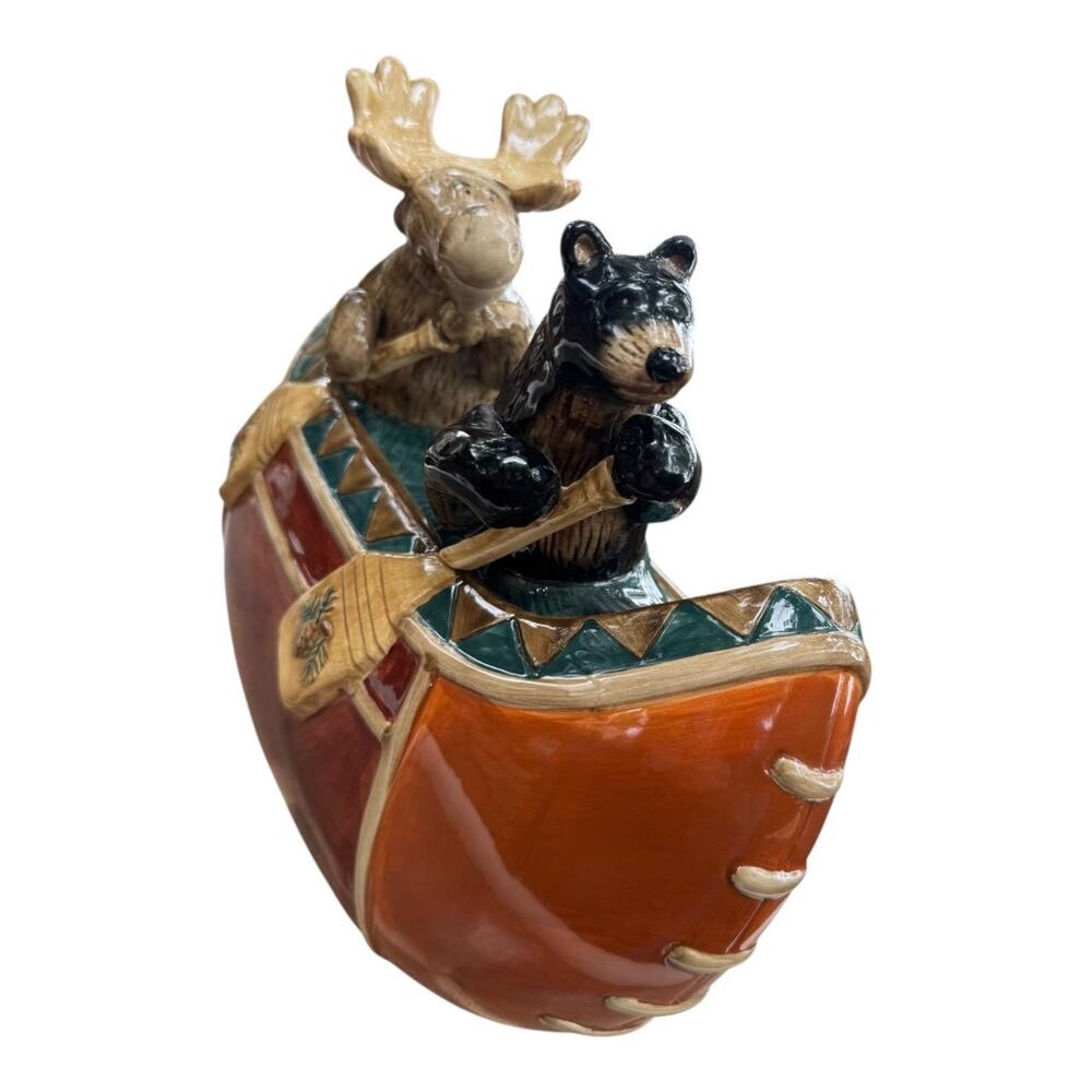 Rare Vintage Cookie Jar Mercuries Glazed Ceramic Bear and Moose Canoeing Divided